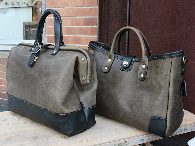 ダークグリーン 口枠ボストンバッグ(V-8) 横型2wayトートバッグ(T-146)