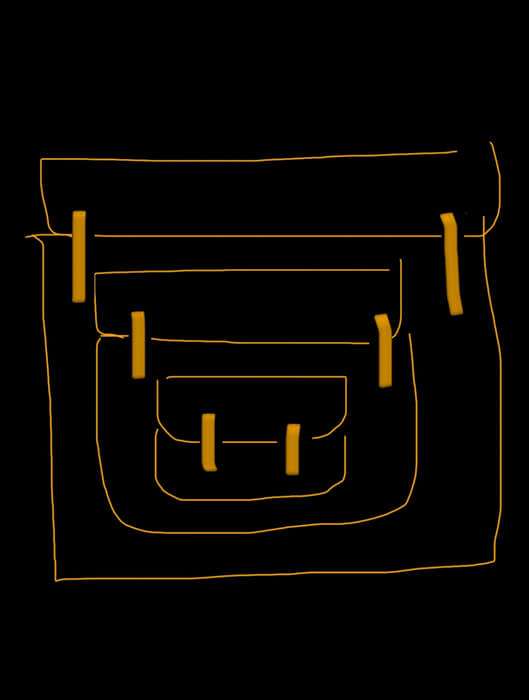 三つのかぶせと五本ベルトのリュックのラフスケッチ